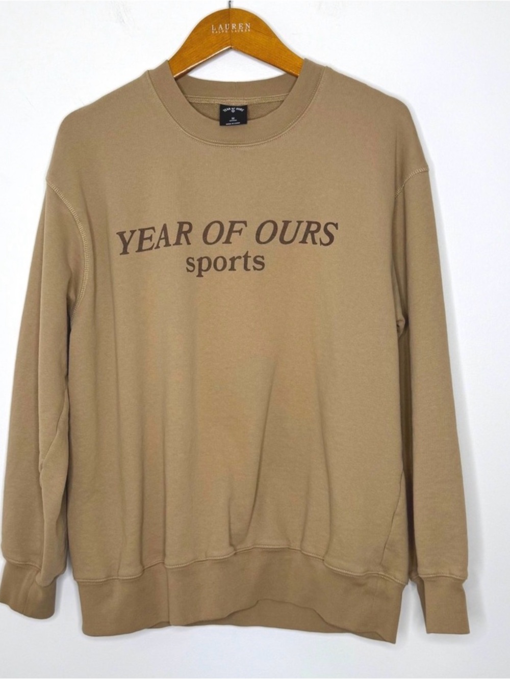 Year of Ours Tan Crewneck Sweatshirt with Printed Logo